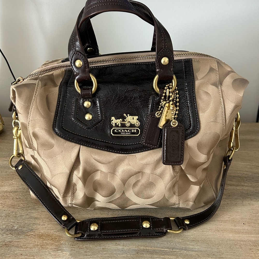 Coach Madison Audrey Tan Brown Signature Jacquard Satchel Brass Gold Hardware